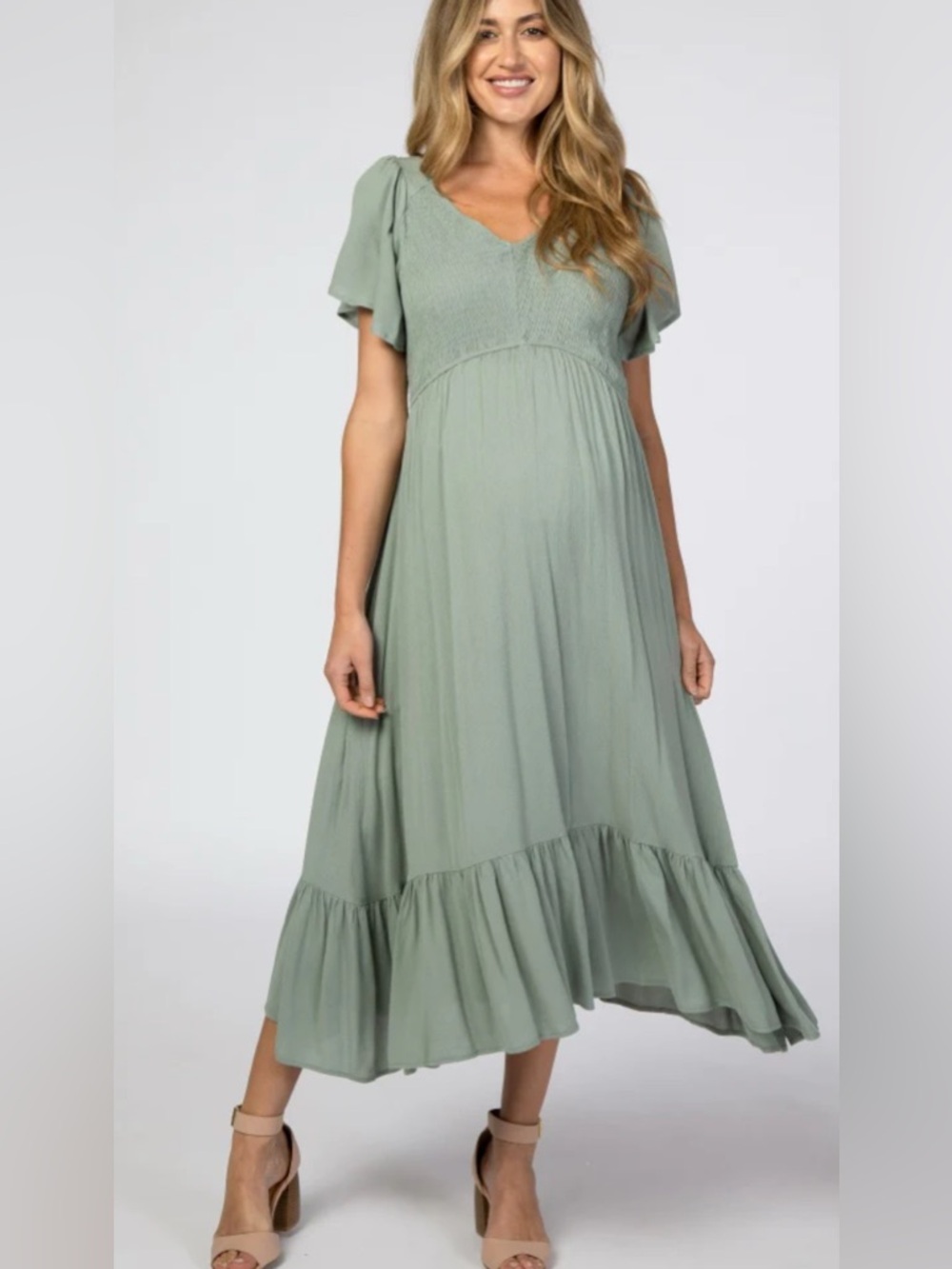 JODIFL Sage Green Midi Dress with Flutter Sleeves Maternity & Postpartum